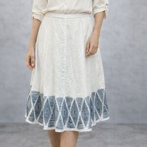 Lands End Linen Embroidered Skirt Womens Large‎ 14-16 White Blue Lined